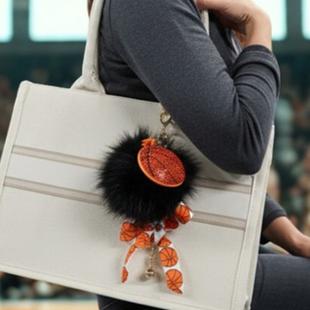 Basketball Bag Charm Rhinestone Ball Black Pom Pom Keychain Sporty Orange Charm
